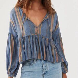 O’NEILL Rosie Top Sz L Navy Blue Striped Front Tie Balloon Sleeve Ruffle Viscose